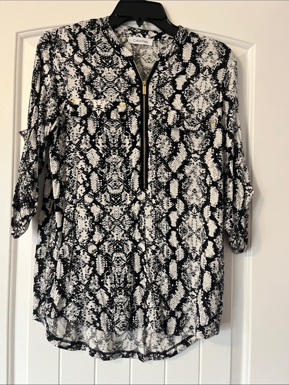 Calvin Klein Black & White Snake-Print Zip Front Tunic
